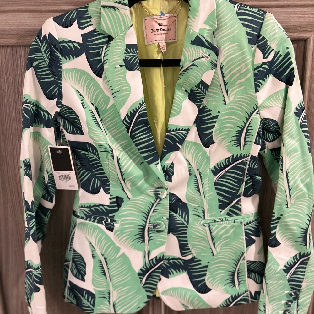 Juicy Couture NWT Green Leaf Print Women's Blazer Size 0 Petite Retails $228
